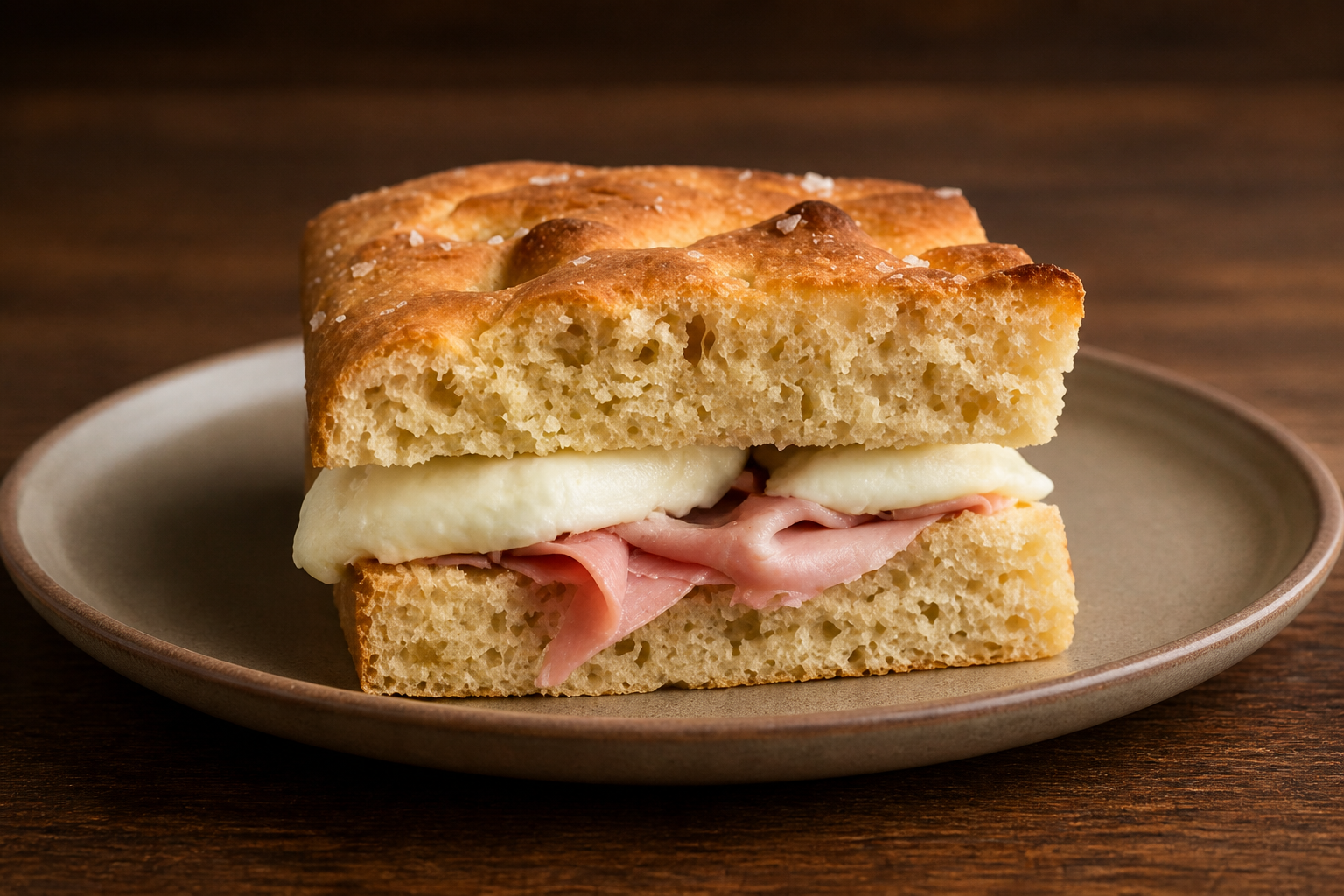 Sandwich Lounge: focaccia con jamón, mozzarella y queso de untar